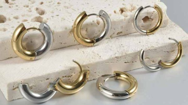 Hypoallergenic Stainless Steel Double Color Hoop Drop Earrings Gold and Silver Plated Women's Fashion Jewelry
