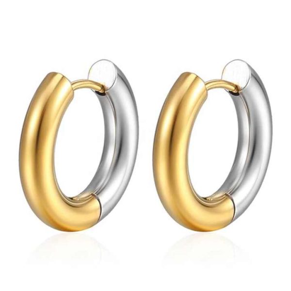Stainless Steel Double Color Hoop Drop Earrings Gold Plated Hypoallergenic Simple Fashion Women Classic Temperament Earrings