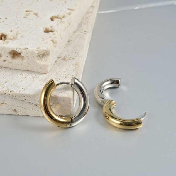 Stainless Steel Double Color Hoop Drop Earrings Gold Plated Hypoallergenic Simple Fashion Women Classic Temperament Earrings