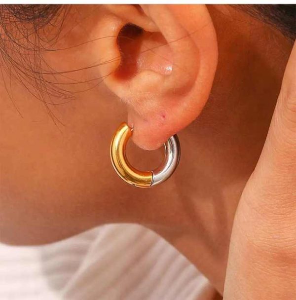 Stainless Steel Double Color Hoop Drop Earrings Gold Plated Hypoallergenic Simple Fashion Women Classic Temperament Earrings