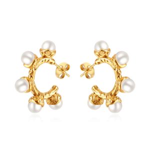 18K Gold Plated Elegant Pearl Hoop Studs C Shape Stud Earrings with White Pearls Fashion Drop Earrings