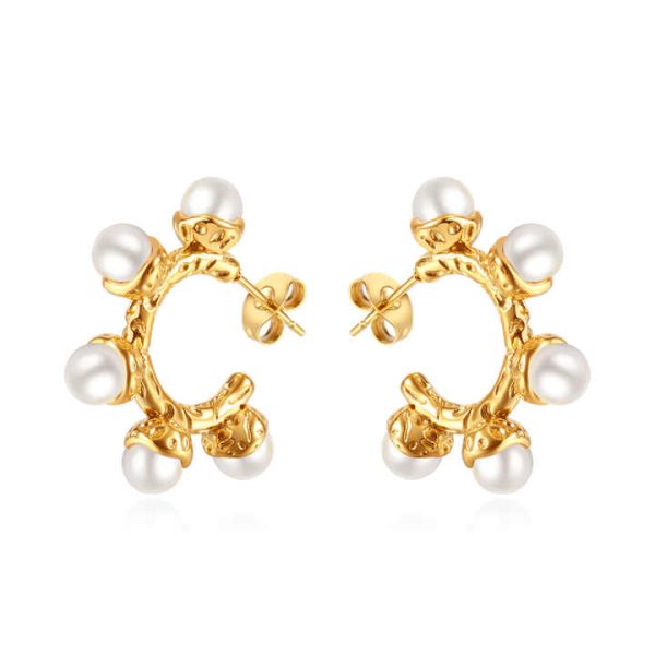 18K Gold Plated Elegant Pearl Hoop Studs C Shape Stud Earrings with White Pearls Fashion Drop Earrings