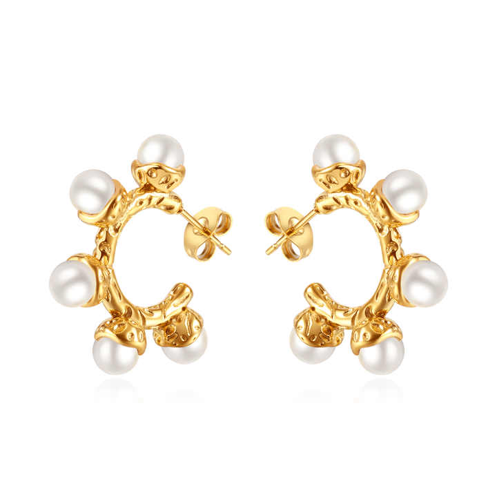 18K Gold Plated Elegant Pearl Hoop Studs C Shape Stud Earrings with White Pearls Fashion Drop Earrings
