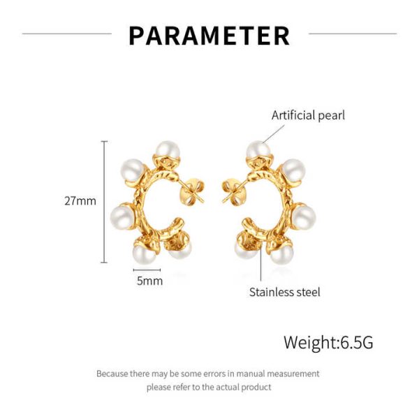 18K Gold Plated Elegant Pearl Hoop Studs C Shape Stud Earrings with White Pearls Fashion Drop Earrings