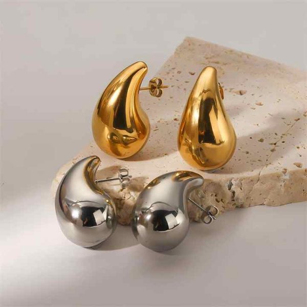 Fashion Women's 18K Gold-plated Stainless Steel Water Drop Earrings Hollow Large Thick Teardrop Water Drop Earrings