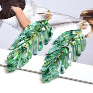 Trendy Gold Plated Eco-Friendly Acrylic Leaf Statement Drop Earrings with Imitation Pearls