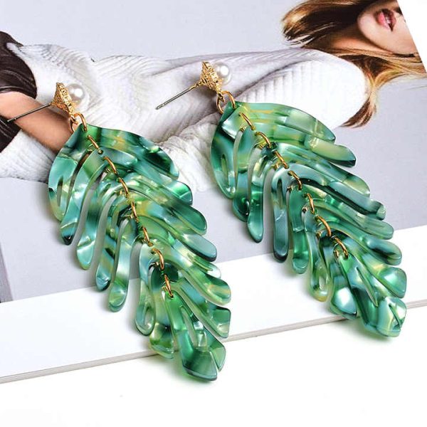 Fashion Jewelry Big Fan Statement Acrylic Drop Earrings Multi Layer Acetate Leaves Pearl Drop Earrings for Women