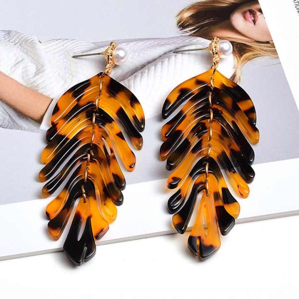 Fashion Jewelry Big Fan Statement Acrylic Drop Earrings Multi Layer Acetate Leaves Pearl Drop Earrings for Women