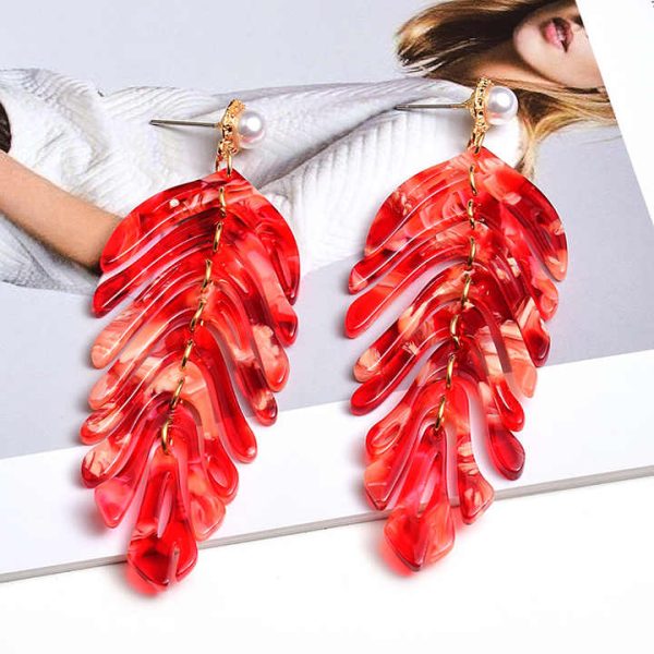 Fashion Jewelry Big Fan Statement Acrylic Drop Earrings Multi Layer Acetate Leaves Pearl Drop Earrings for Women