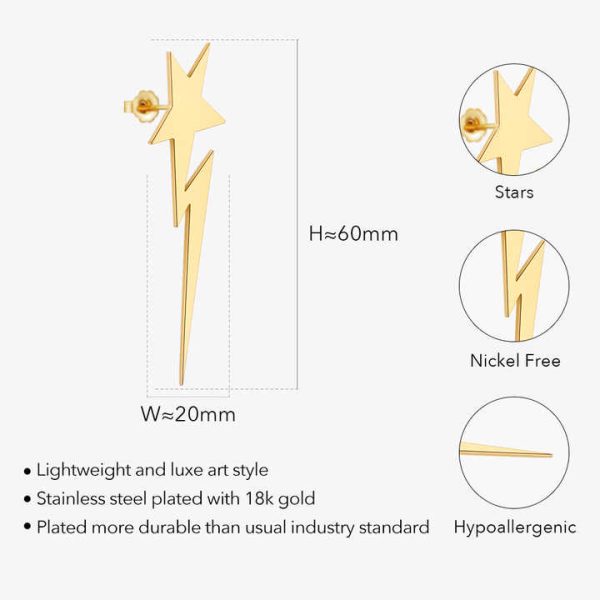 Original Design 18K Gold Plated Stainless Steel Jewelry Pendientes Lightning Star Drop Earrings for Women Party Earrings E221464