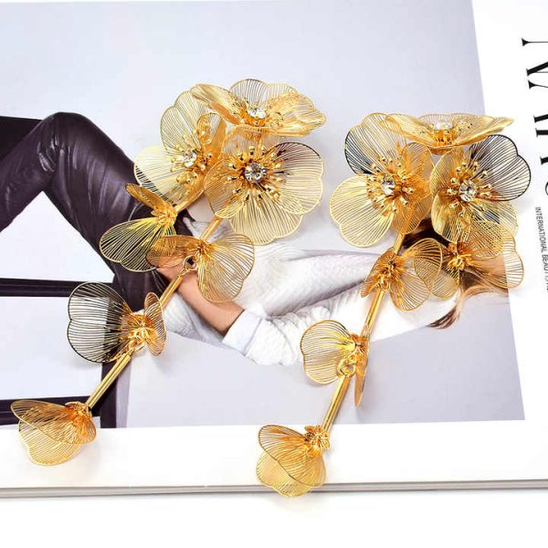 Fashion Jewelry Luxury Flower Earrings Exaggerate Tassel Style Earrings Long 3D Petal Women Petal Gold Plated Earrings