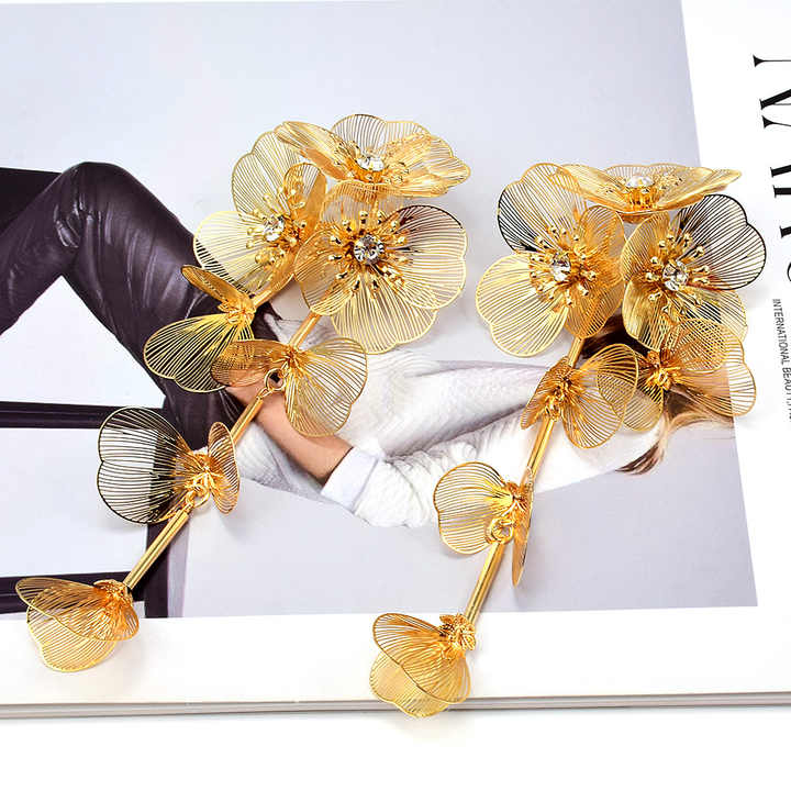 Fashion Jewelry Luxury Flower Earrings Exaggerate Tassel Style Earrings Long 3D Petal Women Petal Gold Plated Earrings