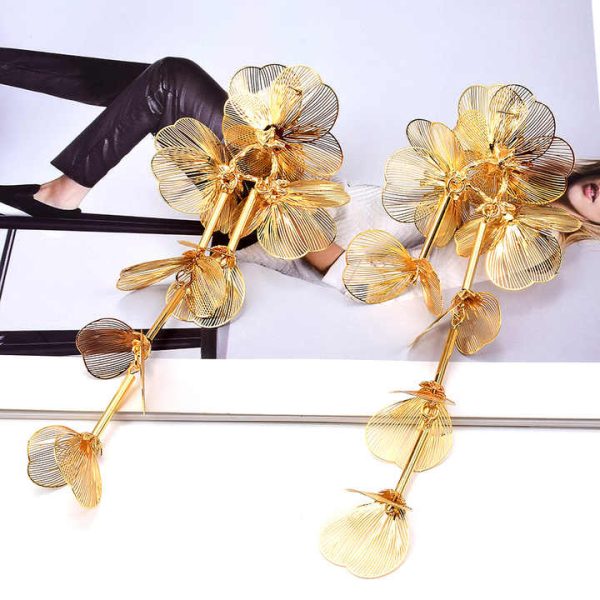 Fashion Jewelry Luxury Flower Earrings Exaggerate Tassel Style Earrings Long 3D Petal Women Petal Gold Plated Earrings