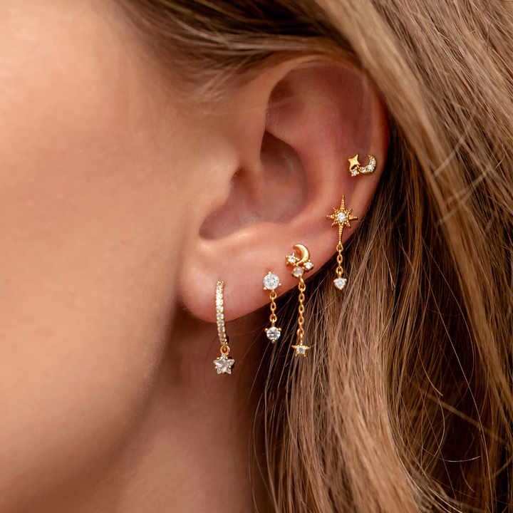 18K Gold-Plated Zircon Jewelry Wholesale Pentagram Star Moon Sun Chain Stud Hoops Drops Earrings 5pcs/Set for Women