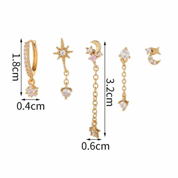 18K Gold-Plated Zircon Jewelry Wholesale Pentagram Star Moon Sun Chain Stud Hoops Drops Earrings 5pcs/Set for Women