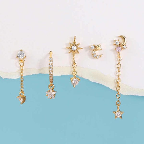 18K Gold-Plated Zircon Jewelry Wholesale Pentagram Star Moon Sun Chain Stud Hoops Drops Earrings 5pcs/Set for Women