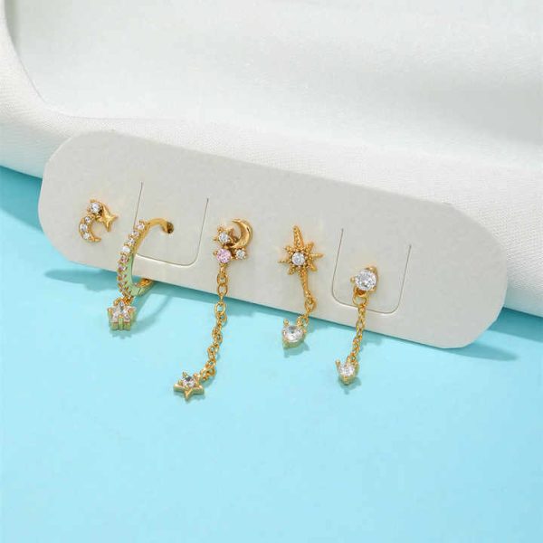 18K Gold-Plated Zircon Jewelry Wholesale Pentagram Star Moon Sun Chain Stud Hoops Drops Earrings 5pcs/Set for Women