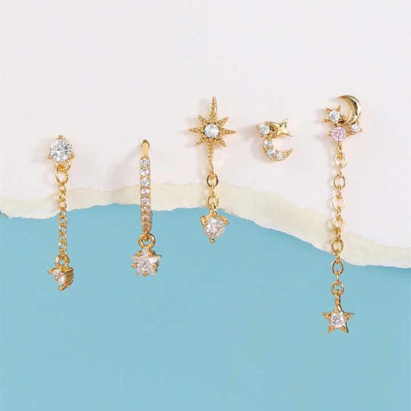 18K Gold-Plated Zircon Jewelry Wholesale Pentagram Star Moon Sun Chain Stud Hoops Drops Earrings 5pcs/Set for Women