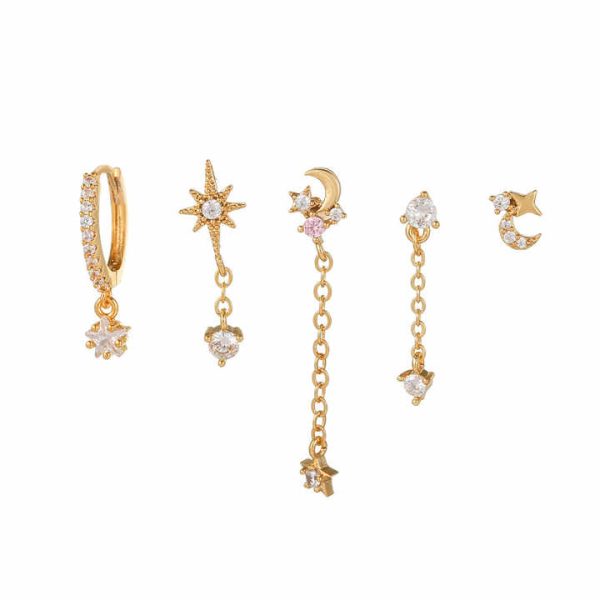 18K Gold-Plated Zircon Jewelry Wholesale Pentagram Star Moon Sun Chain Stud Hoops Drops Earrings 5pcs/Set for Women