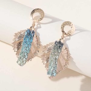 Trendy Blue Feather Drop Earrings with Rhinestone Accents and Gold Leaf Tassel Design