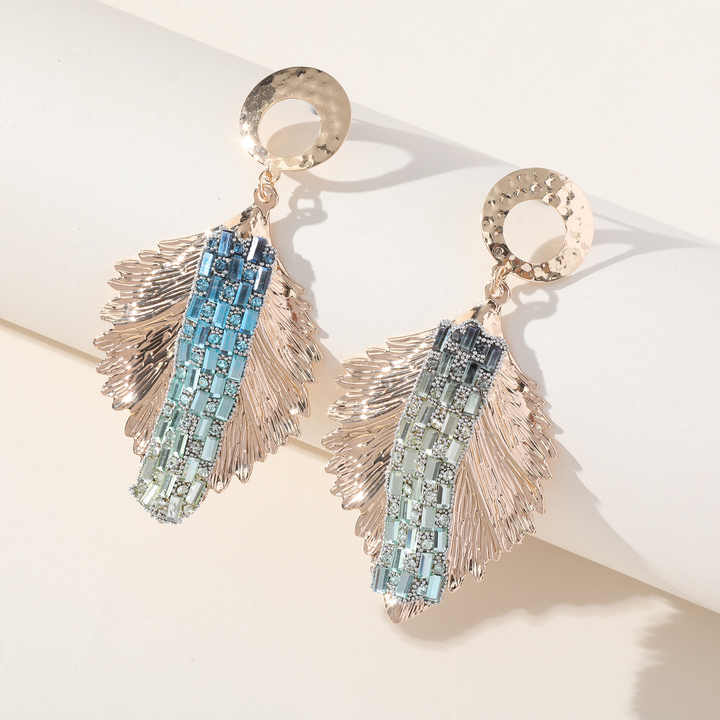 Blue Earrings Vintage Exaggerated Gold Leaves Rhinestone Long Tassel Earrings for Women Fashion
