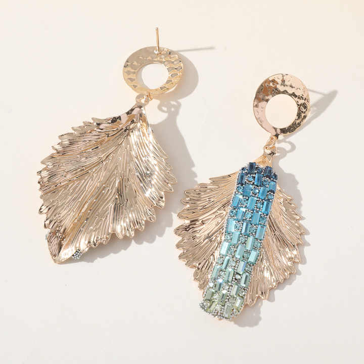 Blue Earrings Vintage Exaggerated Gold Leaves Rhinestone Long Tassel Earrings for Women Fashion