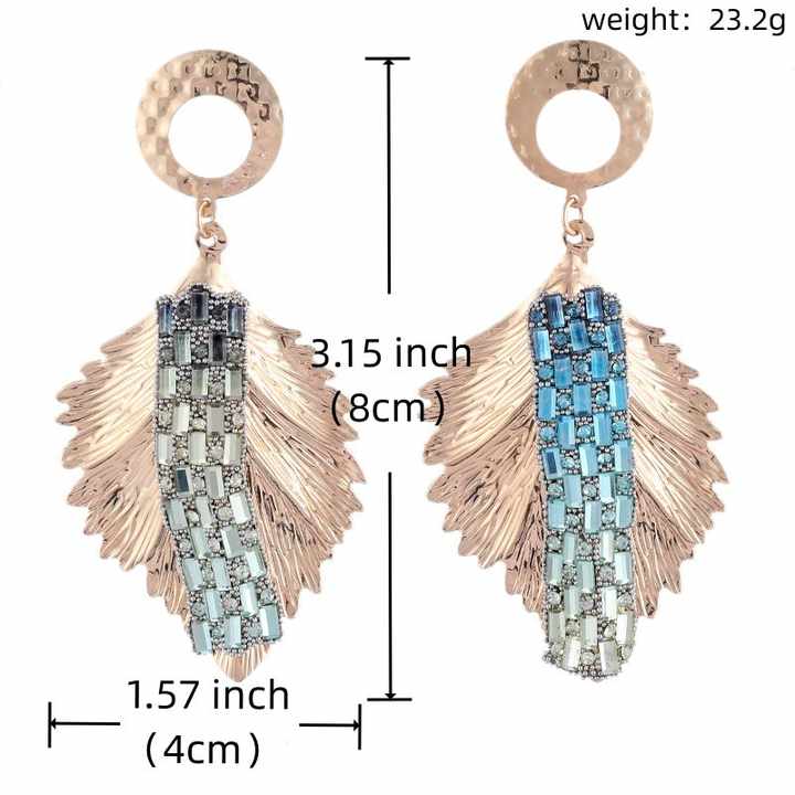 Blue Earrings Vintage Exaggerated Gold Leaves Rhinestone Long Tassel Earrings for Women Fashion