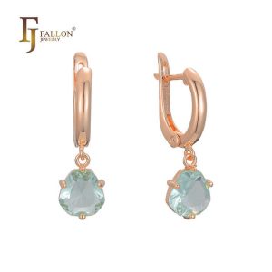 Trendy Rose Gold Plated Brass Apple Green Solitaire CZ Drop Earrings with English Lock Closure