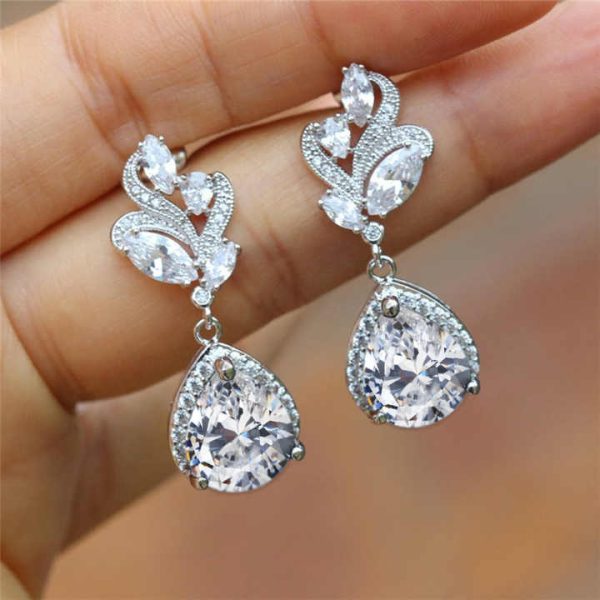Huitan Flower Shape 3 Colors Pear Cut Crystal Water Drop Earrings for Women Fashion Bridal Wedding Cubic Zirconia Earrings