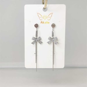 Elegant Brass Tassel Bows Drop Earrings with Zircon Stones for Children, Platinum Plated