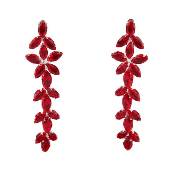 Wholesale Fashion Red Brass Leaf Shape Zircon Drop Earrings for Women Wedding Party and Festival Jewelry Gift