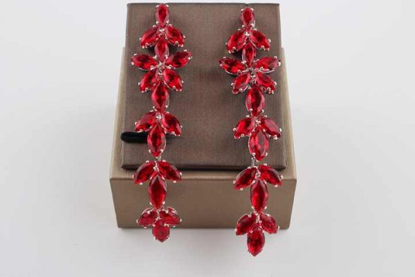 Wholesale Fashion Red Brass Leaf Shape Zircon Drop Earrings for Women Wedding Party and Festival Jewelry Gift
