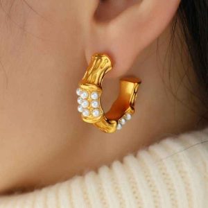 Vintage Stainless Steel C-Shape Hoop Earrings with Imitation Pearl and Crystal Rhinestone, 18K Gold Plated Geometric Drop Earrings for Women