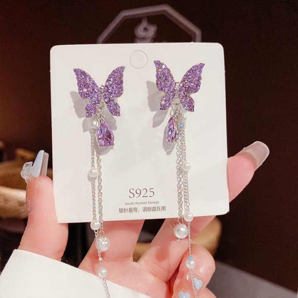 925 Silver Needle Beautiful Butterfly Full Diamond Long Pearl Tassel Stud Earrings Fashion Drop Earrings