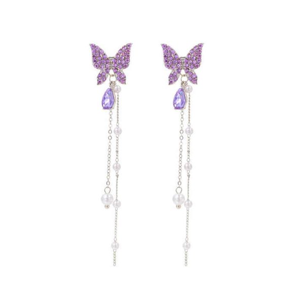 925 Silver Needle Beautiful Butterfly Full Diamond Long Pearl Tassel Stud Earrings Fashion Drop Earrings