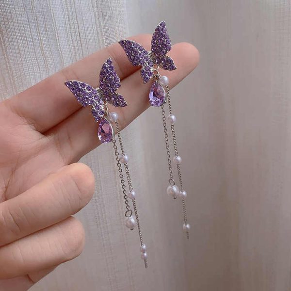 925 Silver Needle Beautiful Butterfly Full Diamond Long Pearl Tassel Stud Earrings Fashion Drop Earrings