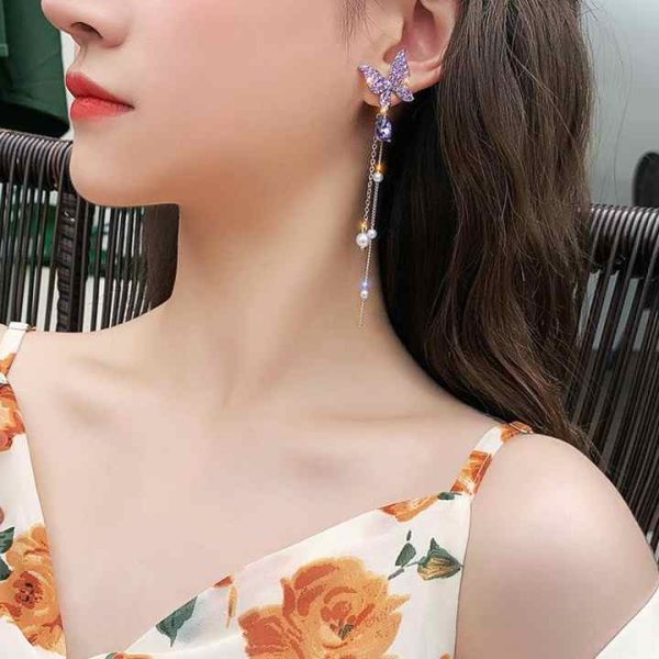 925 Silver Needle Beautiful Butterfly Full Diamond Long Pearl Tassel Stud Earrings Fashion Drop Earrings