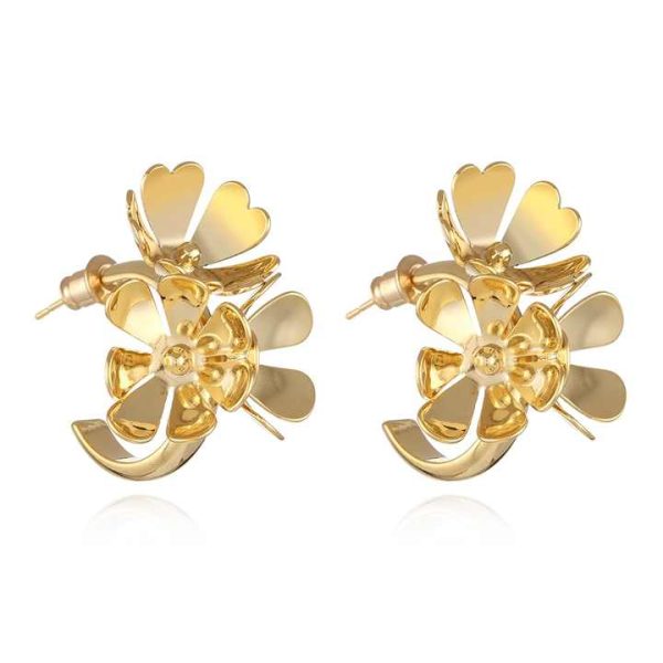 Wholesale Gold Plated C-Shaped Women's Metallic Flower Stud Drop Earrings Fashion Jewelry for Gifts