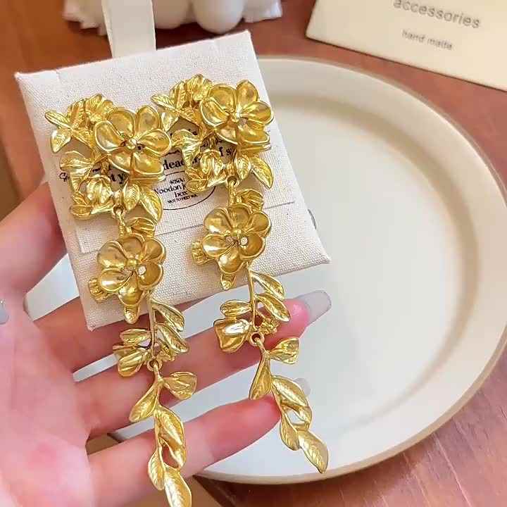 Trendy Gold Plated Alloy Flower Drop Earrings with Vintage Imitation Pearl Petal Studs Circling Setting