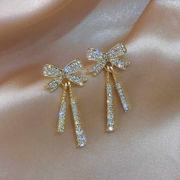 Wholesale Women's Fashion Crystal Bowknot Drop Earrings Zinc Alloy with Rhinestone Elegant Wholesome Accessories