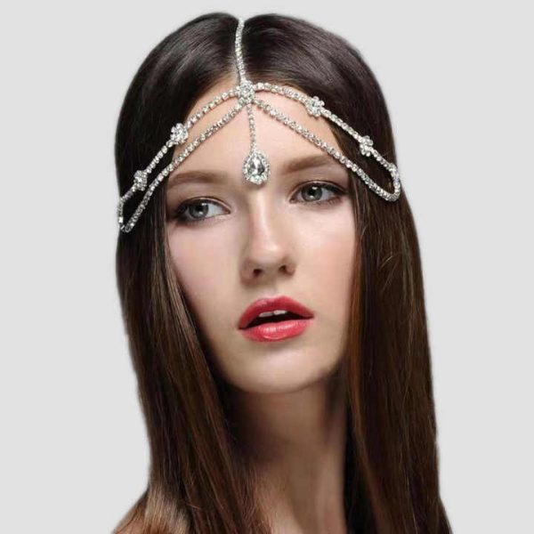 Wedding Bridal Teardrop Tiara Hairjewelry Women Flower Crystal Rhinestone Forehead Head Chain Headpiece