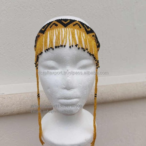 Distinctive Western Hat with Handcrafted Multicolor Beaded Band Leather Ties and Unique Aztec Design