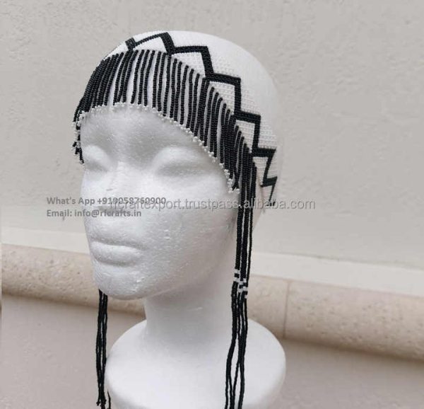 Distinctive Western Hat with Handcrafted Multicolor Beaded Band Leather Ties and Unique Aztec Design