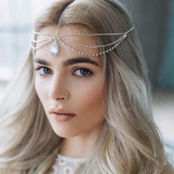 Women Bling Crystal Head Chain Multi-layer Hair Chain Accessories Long Tassel Luxury Rhinestone Water Drop Forehead Jewelry