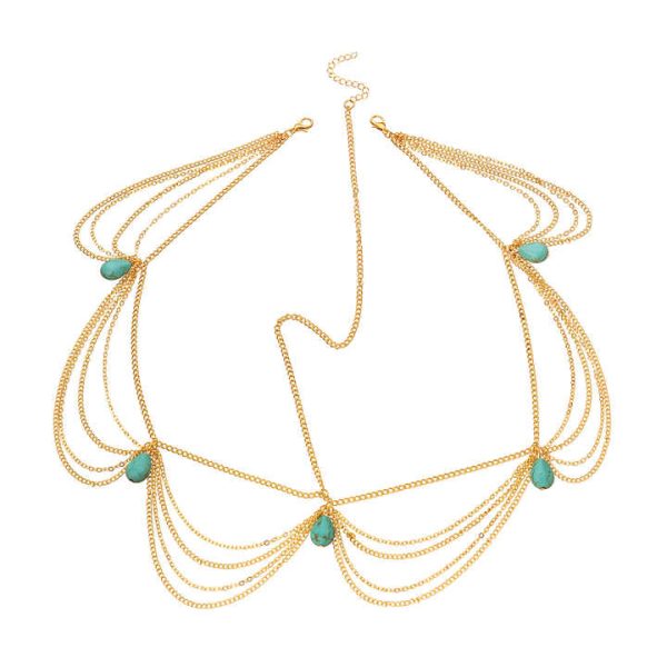 Baroque Turquoise Water Drop Headband for Women Multi-Layer Chain for Wedding Party Gift Engagement