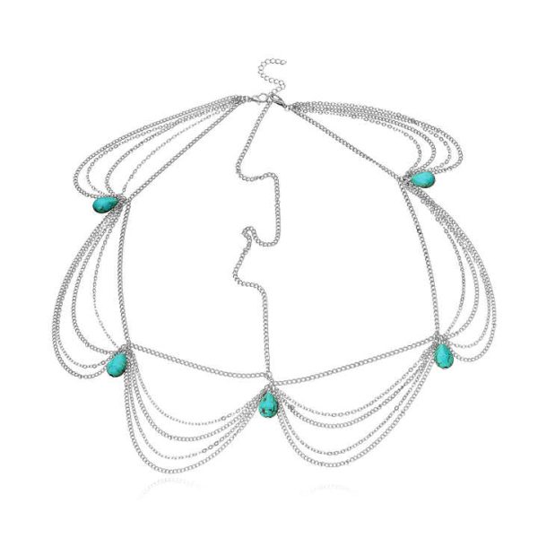 Baroque Turquoise Water Drop Headband for Women Multi-Layer Chain for Wedding Party Gift Engagement