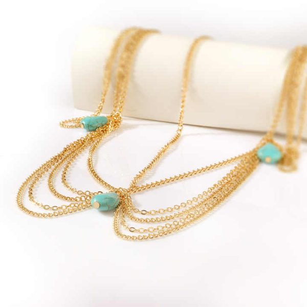 Baroque Turquoise Water Drop Headband for Women Multi-Layer Chain for Wedding Party Gift Engagement
