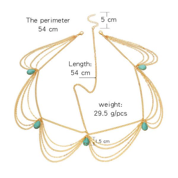Baroque Turquoise Water Drop Headband for Women Multi-Layer Chain for Wedding Party Gift Engagement