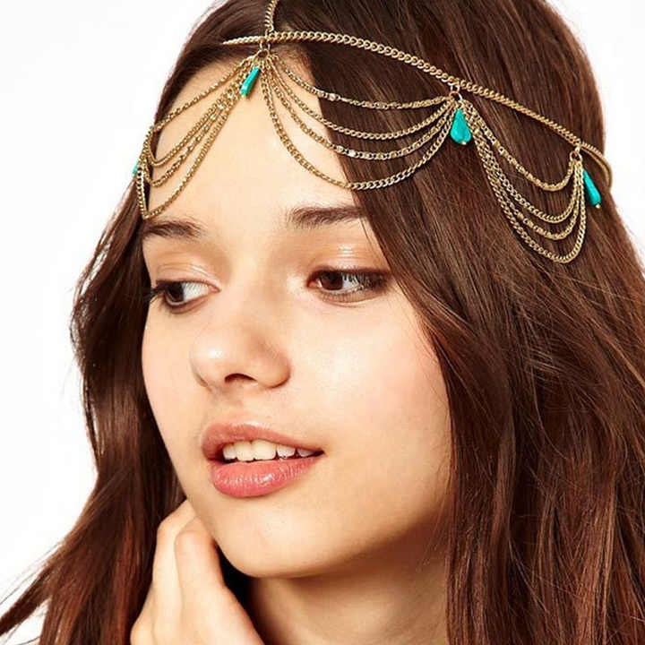 Bohemia Beach Turquoise Pendant Vintage Gold Forehead Chain Jewelry Piece Wedding Veil Hair Accessories Forehead Jewelry