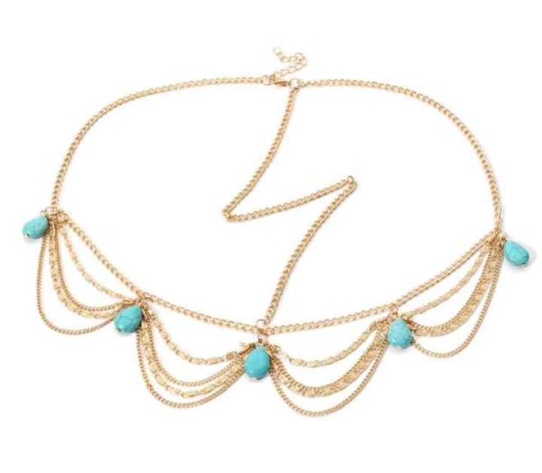 Bohemia Beach Turquoise Pendant Vintage Gold Forehead Chain Jewelry Piece Wedding Veil Hair Accessories Forehead Jewelry